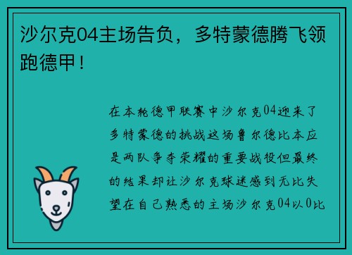沙尔克04主场告负,多特蒙德腾飞领跑德甲!