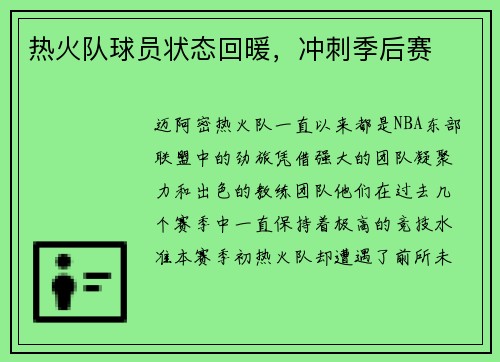 热火队球员状态回暖，冲刺季后赛